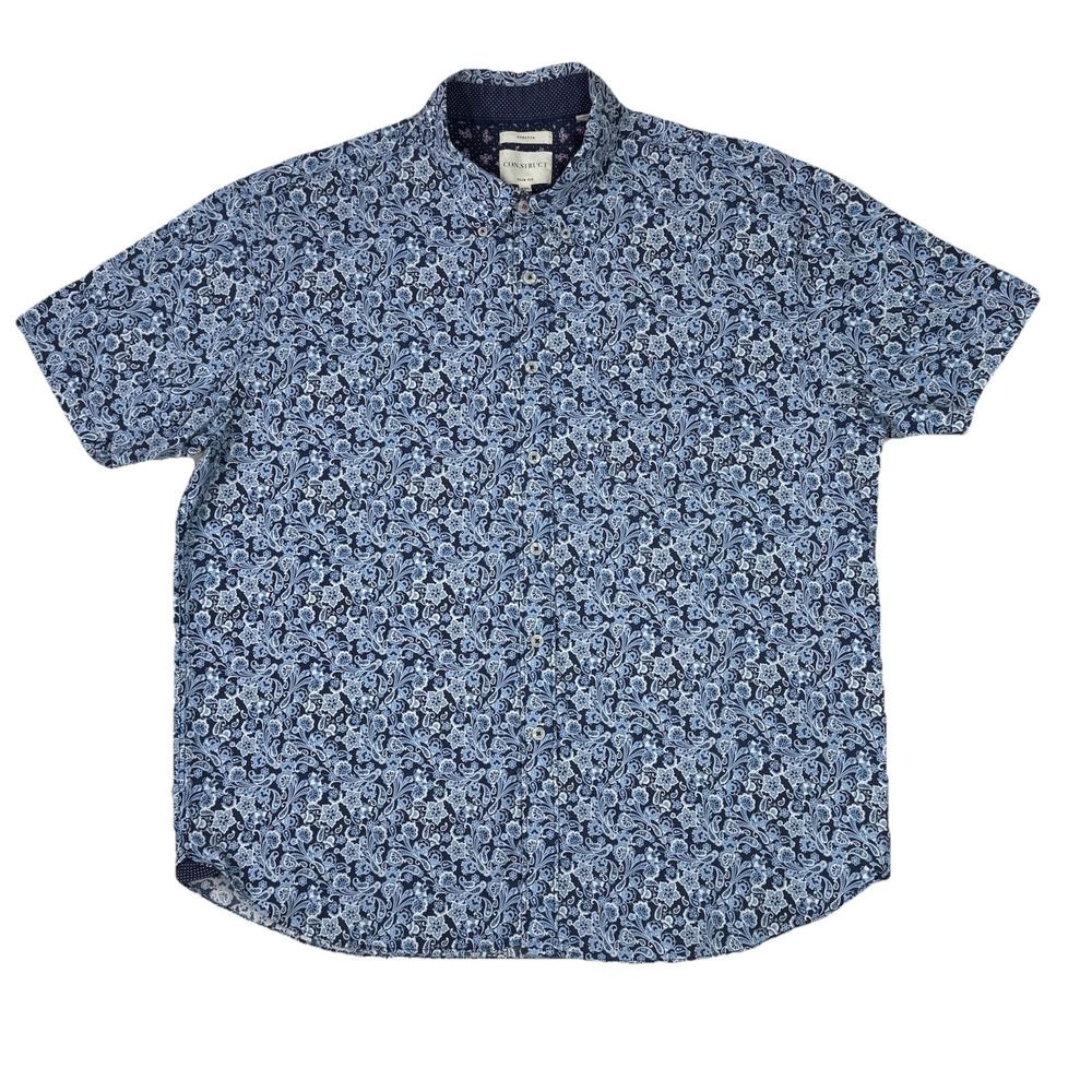 CON.STRUCT Men's XXL Slim Fit Blue Paisley Stretch Button Down‎ Shirt Preppy